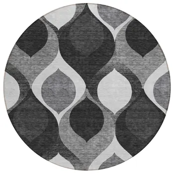 8' Black Silver And Charcoal Round Ogee Washable Indoor Outdoor Area Rug