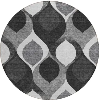 8' Black Silver And Charcoal Round Ogee Washable Indoor Outdoor Area Rug
