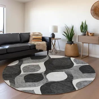8' Black Silver And Charcoal Round Ogee Washable Indoor Outdoor Area Rug