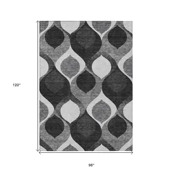 8' X 10' Black Silver And Charcoal Ogee Washable Indoor Outdoor Area Rug