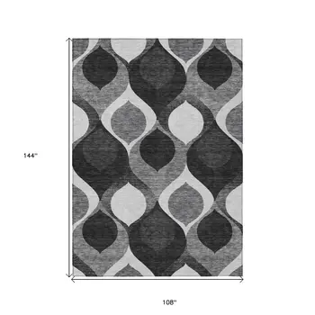 9' X 12' Black Silver And Charcoal Ogee Washable Indoor Outdoor Area Rug