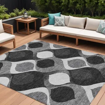 9' X 12' Black Silver And Charcoal Ogee Washable Indoor Outdoor Area Rug