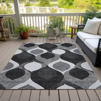 10' X 14' Black Silver And Charcoal Ogee Washable Indoor Outdoor Area Rug