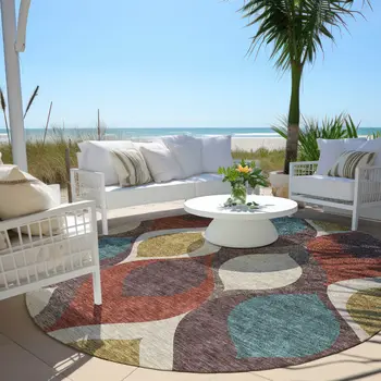 8' Brown Taupe And Teal Blue Round Ogee Washable Indoor Outdoor Area Rug