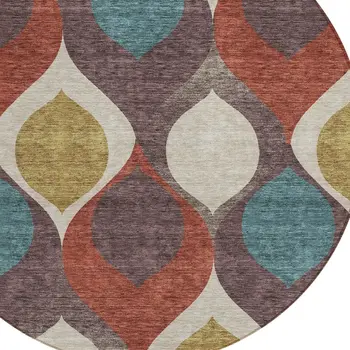 8' Brown Taupe And Teal Blue Round Ogee Washable Indoor Outdoor Area Rug