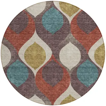 8' Brown Taupe And Teal Blue Round Ogee Washable Indoor Outdoor Area Rug