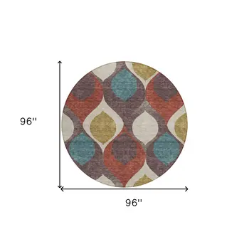 8' Brown Taupe And Teal Blue Round Ogee Washable Indoor Outdoor Area Rug