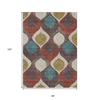 8' X 10' Brown Taupe And Teal Blue Ogee Washable Indoor Outdoor Area Rug