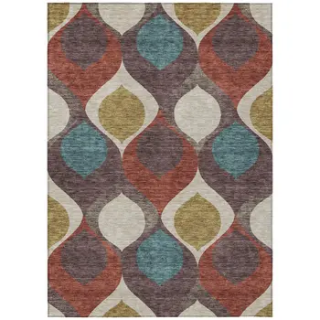 9' X 12' Brown Taupe And Teal Blue Ogee Washable Indoor Outdoor Area Rug