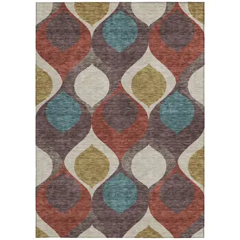 9' X 12' Brown Taupe And Teal Blue Ogee Washable Indoor Outdoor Area Rug