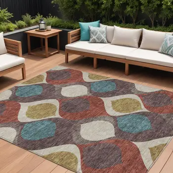10' X 14' Brown Taupe And Teal Blue Ogee Washable Indoor Outdoor Area Rug