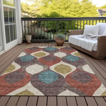 10' X 14' Brown Taupe And Teal Blue Ogee Washable Indoor Outdoor Area Rug