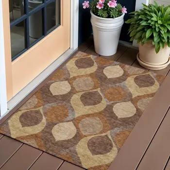 3' X 5' Copper Beige And Taupe Ogee Washable Indoor Outdoor Area Rug