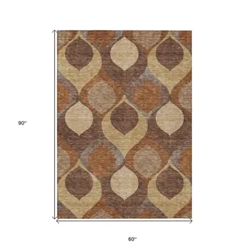 5' X 8' Copper Beige And Taupe Ogee Washable Indoor Outdoor Area Rug