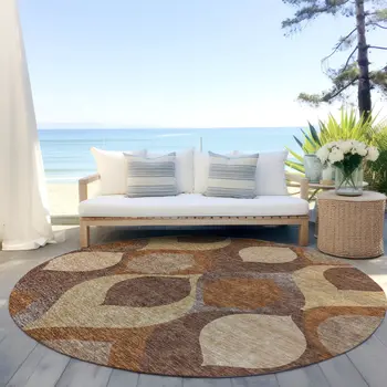 8' Copper Beige And Taupe Round Ogee Washable Indoor Outdoor Area Rug
