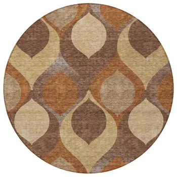 8' Copper Beige And Taupe Round Ogee Washable Indoor Outdoor Area Rug