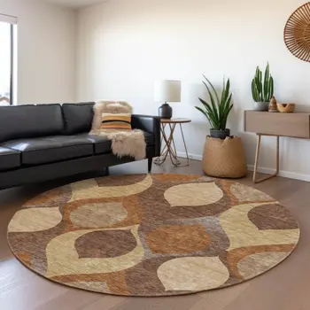 8' Copper Beige And Taupe Round Ogee Washable Indoor Outdoor Area Rug