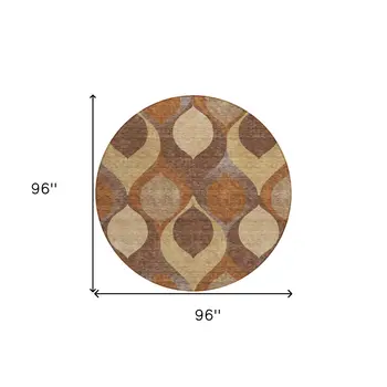8' Copper Beige And Taupe Round Ogee Washable Indoor Outdoor Area Rug