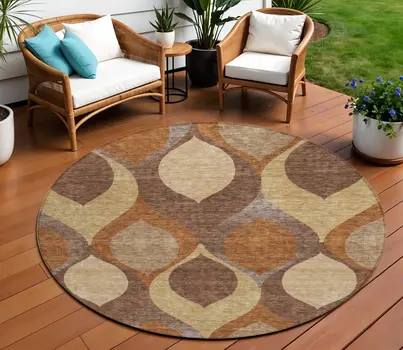 8' Copper Beige And Taupe Round Ogee Washable Indoor Outdoor Area Rug