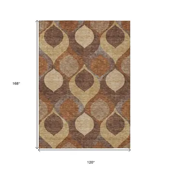 10' X 14' Copper Beige And Taupe Ogee Washable Indoor Outdoor Area Rug