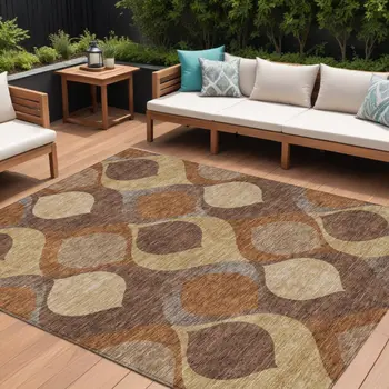 10' X 14' Copper Beige And Taupe Ogee Washable Indoor Outdoor Area Rug