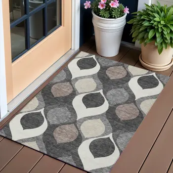 3' X 5' Gray Beige And Taupe Ogee Washable Indoor Outdoor Area Rug
