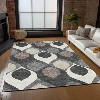 3' X 5' Gray Beige And Taupe Ogee Washable Indoor Outdoor Area Rug