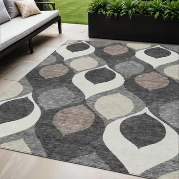 5' X 8' Gray Beige And Taupe Ogee Washable Indoor Outdoor Area Rug