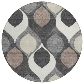8' Gray Beige And Taupe Round Ogee Washable Indoor Outdoor Area Rug