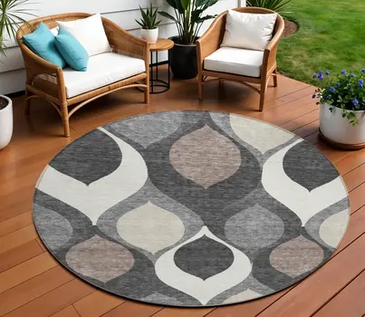 8' Gray Beige And Taupe Round Ogee Washable Indoor Outdoor Area Rug