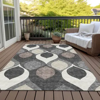 8' X 10' Gray Beige And Taupe Ogee Washable Indoor Outdoor Area Rug