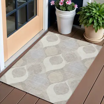 3' X 5' Ivory Beige And Tan Ogee Washable Indoor Outdoor Area Rug