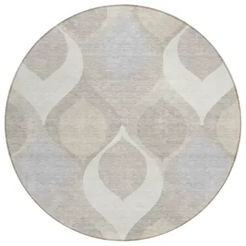 8' Ivory Beige And Tan Round Ogee Washable Indoor Outdoor Area Rug