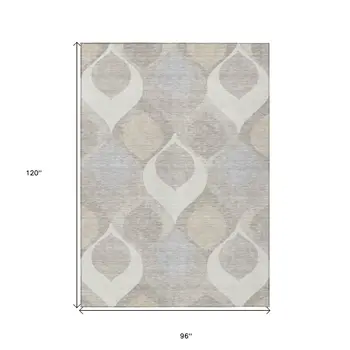8' X 10' Ivory Beige And Tan Ogee Washable Indoor Outdoor Area Rug