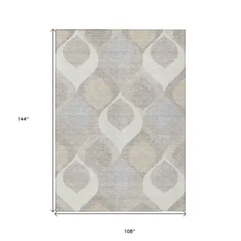 9' X 12' Ivory Beige And Tan Ogee Washable Indoor Outdoor Area Rug