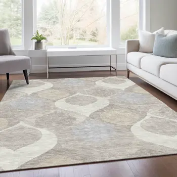 9' X 12' Ivory Beige And Tan Ogee Washable Indoor Outdoor Area Rug