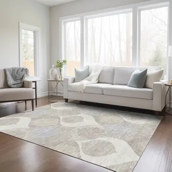 9' X 12' Ivory Beige And Tan Ogee Washable Indoor Outdoor Area Rug