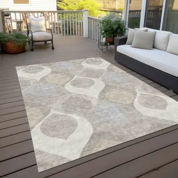 9' X 12' Ivory Beige And Tan Ogee Washable Indoor Outdoor Area Rug