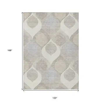 10' X 14' Ivory Beige And Tan Ogee Washable Indoor Outdoor Area Rug