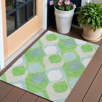 3' X 5' Lime Green Sky Blue And Denim Blue Ogee Washable Indoor Outdoor Area Rug
