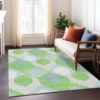 3' X 5' Lime Green Sky Blue And Denim Blue Ogee Washable Indoor Outdoor Area Rug