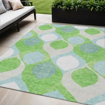 5' X 8' Lime Green Sky Blue And Denim Blue Ogee Washable Indoor Outdoor Area Rug