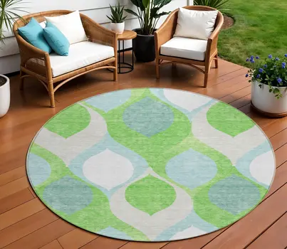 8' Lime Green Sky Blue And Denim Blue Round Ogee Washable Indoor Outdoor Area Rug