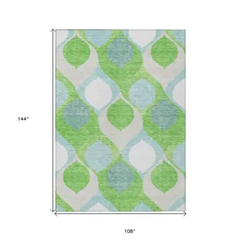 9' X 12' Lime Green Sky Blue And Denim Blue Ogee Washable Indoor Outdoor Area Rug