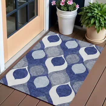 3' X 5' Navy Blue And Denim Blue Ogee Washable Indoor Outdoor Area Rug