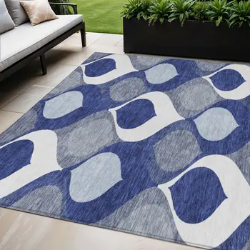 5' X 8' Navy Blue And Denim Blue Ogee Washable Indoor Outdoor Area Rug