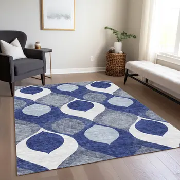 5' X 8' Navy Blue And Denim Blue Ogee Washable Indoor Outdoor Area Rug