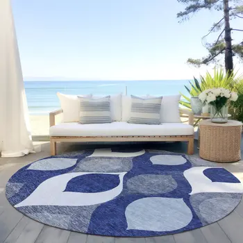 8' Navy Blue And Denim Blue Round Ogee Washable Indoor Outdoor Area Rug