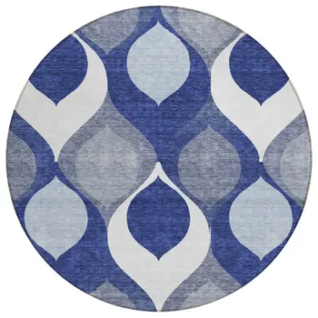 8' Navy Blue And Denim Blue Round Ogee Washable Indoor Outdoor Area Rug