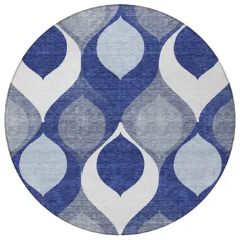 8' Navy Blue And Denim Blue Round Ogee Washable Indoor Outdoor Area Rug